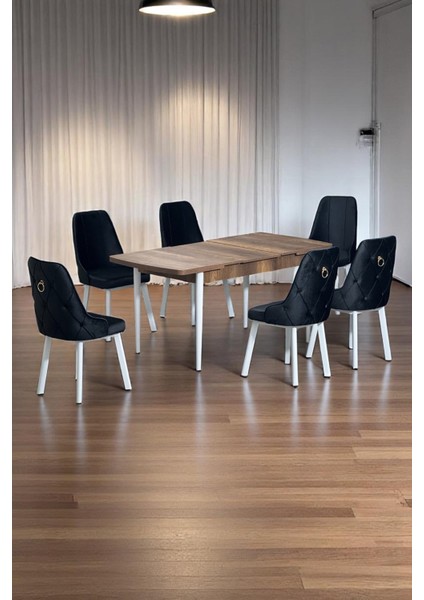 Noır Serisi 6 Kişilik Ceviz Açılır Mdf Masa Beyaz Metal Ayaklı & Baby Face Kumaşlı Sandalye Takımı