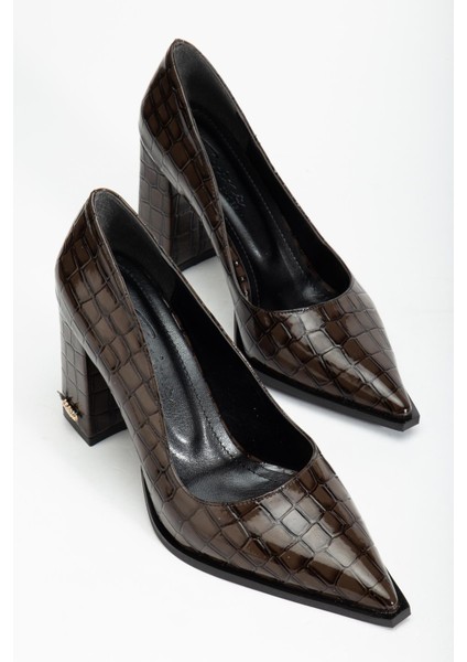 Suins Premium Kevin Model Kadın Kalın Topuklu Kroko Stiletto Ayakkabı