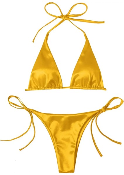 Tcherchı Bayan Metalik Halter Üst Iki Parça Mayo Kravat Yan Üçgen Bikini Seti (Yurt Dışından)