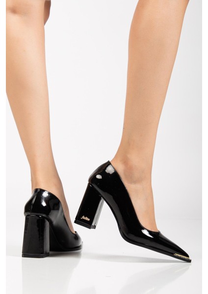 Suins Premium Verty Model Kadın Kalın Topuklu Burnu Taşlı Rugan Stiletto Ayakkabı modelleri