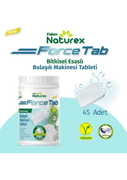 Force Tab - Bitkisel Esaslı Bulaşık Yıkama Tableti Temizleyici - Parlatıcı - Kireç Çözücü - 45 Tablet