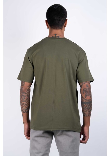 Erkek Kısa Kollu Haki Renkli, Poplin Garnili, Baskılı, Regular Fit Örme T-Shirt