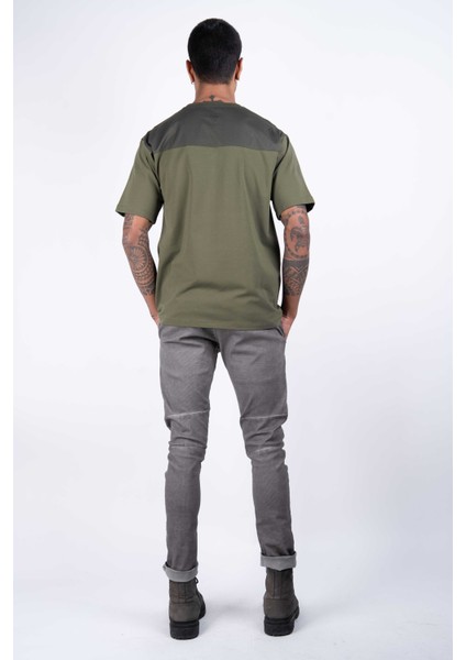 Erkek Kısa Kollu Haki Renkli, Poplin Garnili, Baskılı, Regular Fit Örme T-Shirt