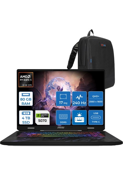 Msı Pulse A17 Aı+ C3XWGKG-020TR Amd Ryzen 9 Aı Hx 370 80GB Ddr5 4tb SSD 8GB/RTX5070 115W 17” Qhd+ (2560X1600), 240Hz, Ips- Freedos Gaming Bilg. W020TRF25+ZETTAÇANTA