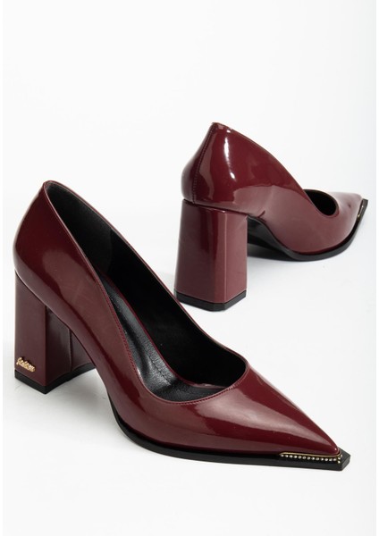 Suins Premium Verty Model Kadın Kalın Topuklu Burnu Taşlı Rugan Stiletto Ayakkabı