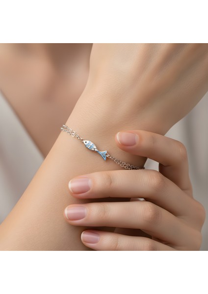 925 Ayar Gümüş Mavi Mine Balık Figürlü Çift Zincirli Kadın Bileklik