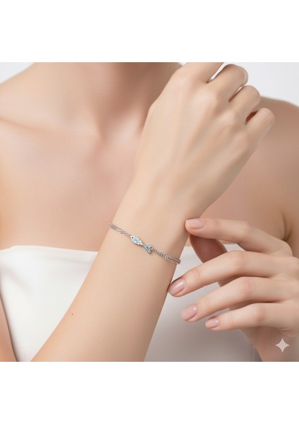 925 Ayar Gümüş Mavi Mine Balık Figürlü Çift Zincirli Kadın Bileklik modelleri