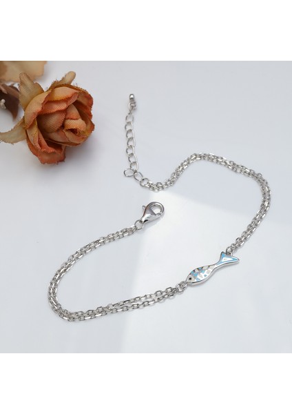 925 Ayar Gümüş Mavi Mine Balık Figürlü Çift Zincirli Kadın Bileklik fırsatları
