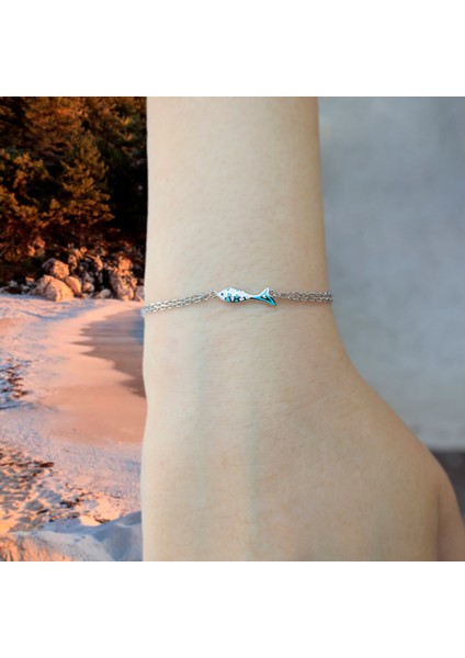 925 Ayar Gümüş Mavi Mine Balık Figürlü Çift Zincirli Kadın Bileklik indirimleri