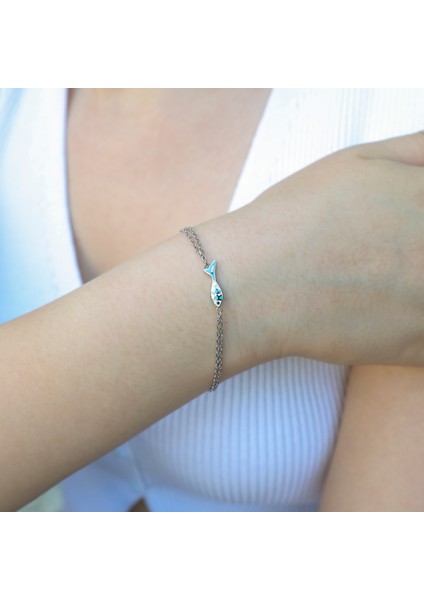 925 Ayar Gümüş Mavi Mine Balık Figürlü Çift Zincirli Kadın Bileklik