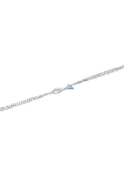 925 Ayar Gümüş Mavi Mine Balık Figürlü Çift Zincirli Kadın Bileklik