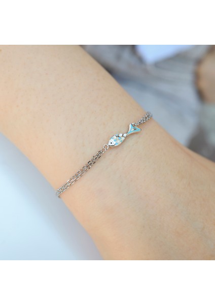 925 Ayar Gümüş Mavi Mine Balık Figürlü Çift Zincirli Kadın Bileklik