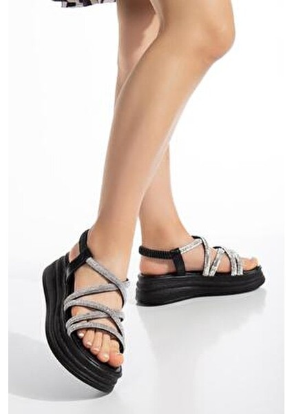 Taşlı Siyah Sandalet Kadınlar İçin Ortopedik Tabanlı Şık Tasarım indirimleri