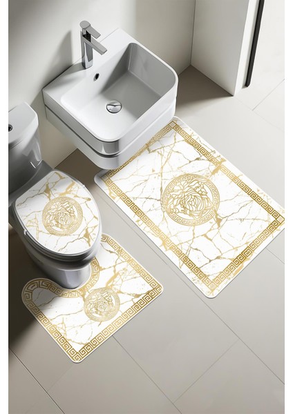 Modern Desenli 3'lü Banyo Paspas Takımı – Yıkanabilir Kaymaz Tabanlı Klozet Takımı KLZ0039