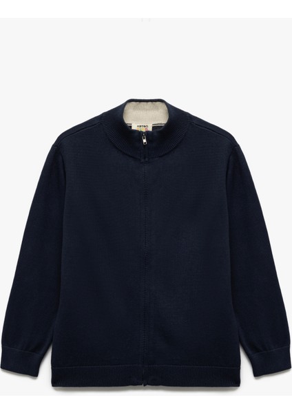 Pamuklu Uzun Kollu Fermuarlı Dik Yaka Triko Okul Hırkası