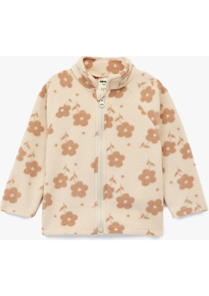 Dik Yaka Uzun Kollu Fermuarlı Çiçekli Polar Sweatshirt