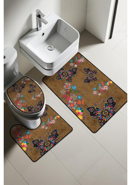 Modern Desenli 3'lü Banyo Paspas Takımı – Yıkanabilir Kaymaz Tabanlı Klozet Takımı KLZ0010