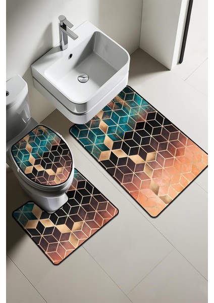 Modern Desenli 3'lü Banyo Paspas Takımı – Yıkanabilir Kaymaz Tabanlı Klozet Takımı KLZ0014