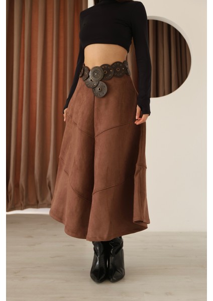 Kadın Kahverengi Süet Volanlı A Kesim Etek fiyatları