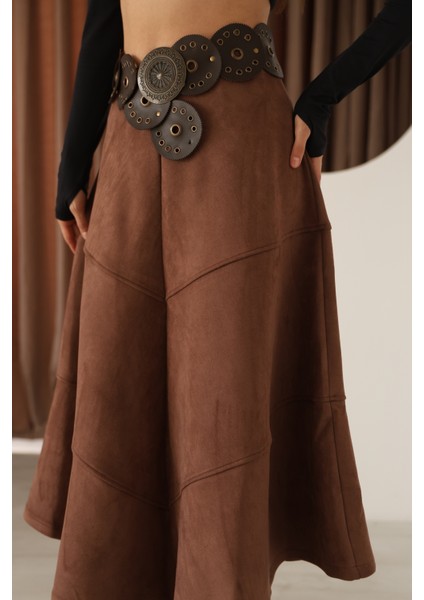 Kadın Kahverengi Süet Volanlı A Kesim Etek fırsatları