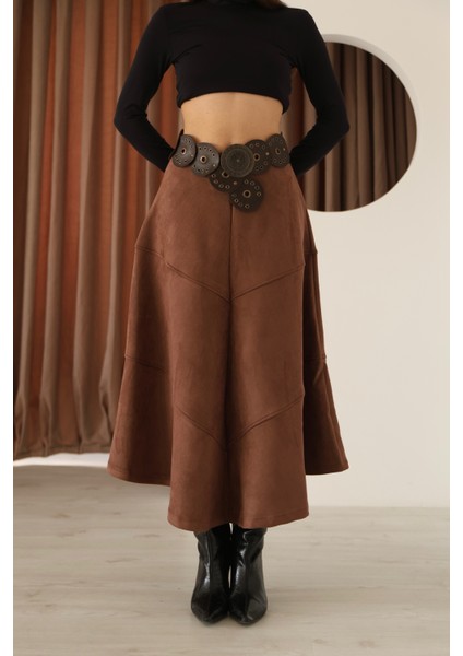 Kadın Kahverengi Süet Volanlı A Kesim Etek