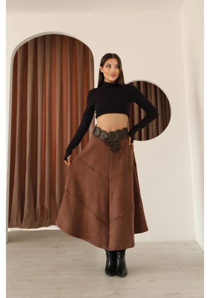 Kadın Kahverengi Süet Volanlı A Kesim Etek modelleri
