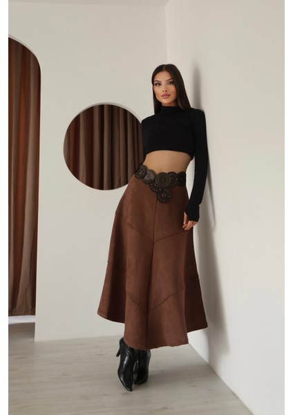 Kadın Kahverengi Süet Volanlı A Kesim Etek indirimleri