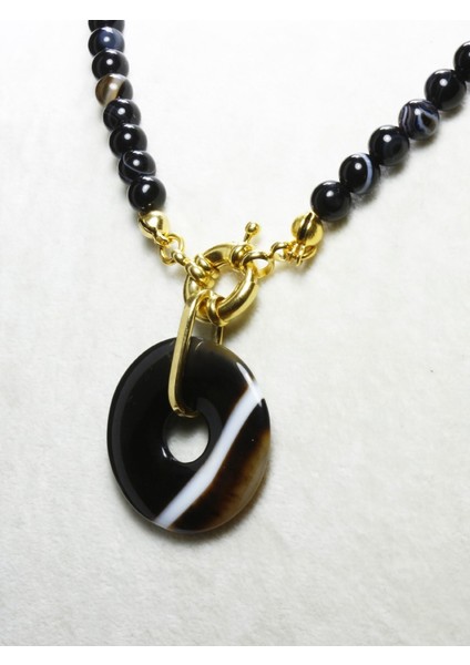 Özel Tasarım Akik Taşı Doğal Taşlı Kadın Kolye | Gerçek Altın Kaplama Kolye