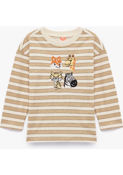 Pamuklu Uzun Kollu Bisiklet Yaka Nakış Detaylı Çizgili Tişört
