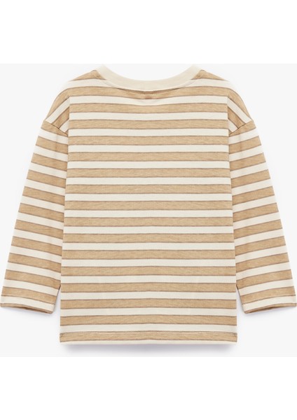 Pamuklu Uzun Kollu Bisiklet Yaka Nakış Detaylı Çizgili Tişört fiyatları