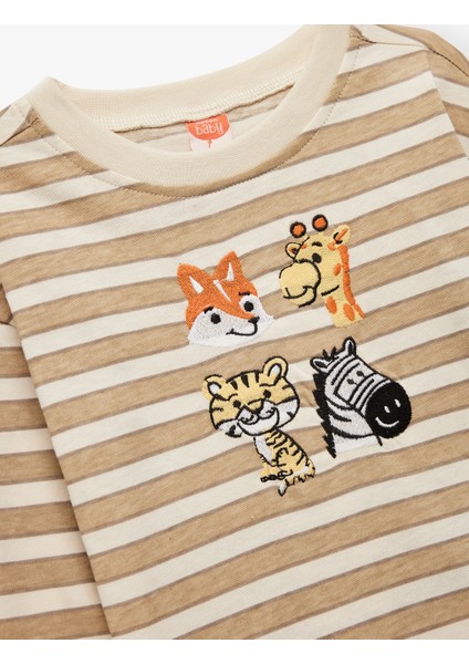 Pamuklu Uzun Kollu Bisiklet Yaka Nakış Detaylı Çizgili Tişört modelleri