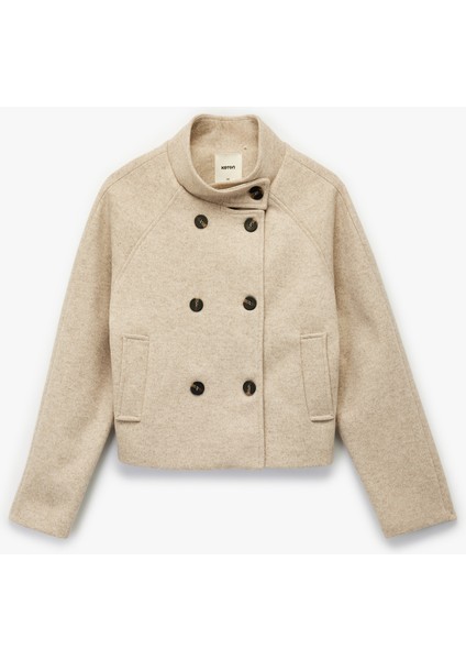 Uzun Kollu Cepli Dik Yaka Düğmeli Kruvaze Kısa Kaşe Mont