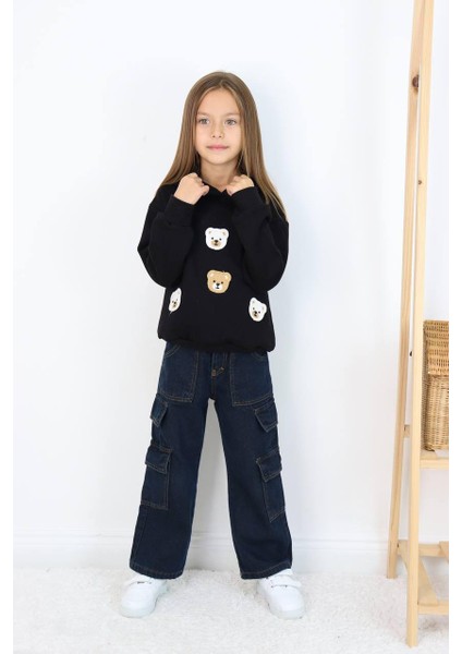 Kız Çocuk Jean Kargo Cepli Kot Pantolon Sweatshirtli Takım