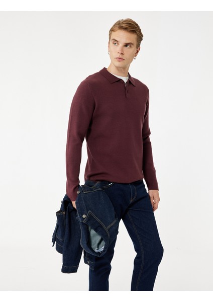 Uzun Kollu Düğmeli Polo Yaka Triko Kazak