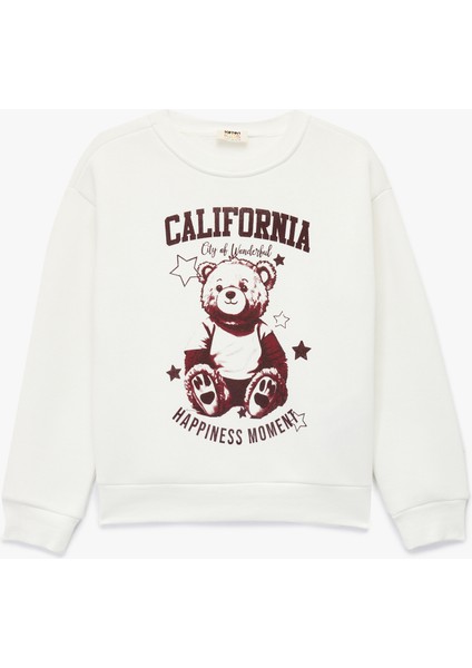 Ayıcık Baskılı Uzun Kollu Bisiklet Yaka Sweatshirt
