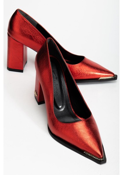 Suins Premium Verty Model Kadın Kalın Topuklu Burnu Taşlı Rugan Stiletto Ayakkabı