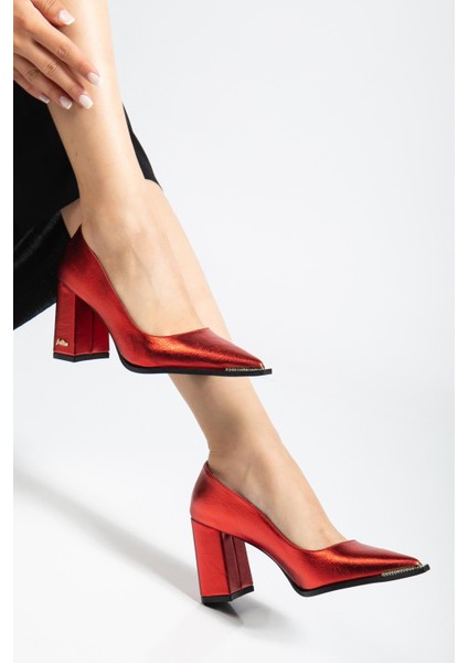 Suins Premium Verty Model Kadın Kalın Topuklu Burnu Taşlı Rugan Stiletto Ayakkabı modelleri