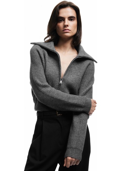 Regular Fit Dik Yaka Fermuarlı Uzun Kollu Triko Hırka