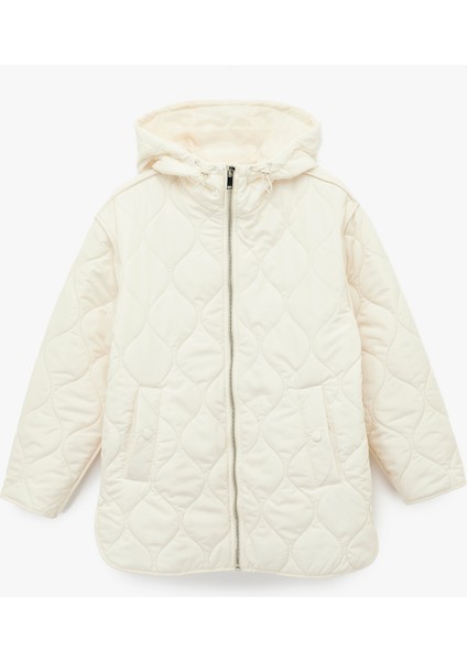 Uzun Kollu Cepli Fermuarlı Kapüşonlu Kapitone Mont