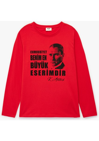 Pamuklu Uzun Kollu Bisiklet Yaka Atatürk Baskılı Tişört