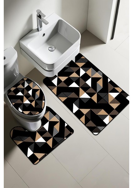Modern Desenli 3'lü Banyo Paspas Takımı – Yıkanabilir Kaymaz Tabanlı Klozet Takımı KLZ0016