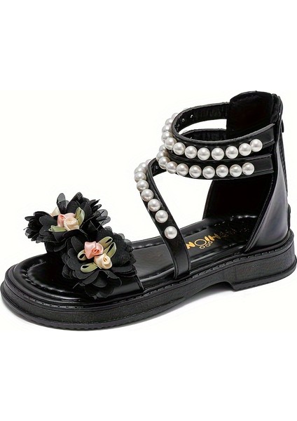 Tcherchı Kızlar Için Trendy Sevimli Çiçek Inci Dekor Burnu Açık Sandalet, Nefes Alabilen Hafif Elbise Ayakkabıları (Yurt Dışından)