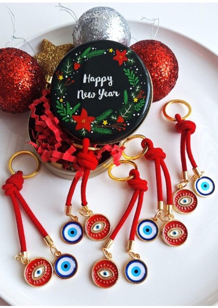 Yeni Yıl Hediyelik Metal Kutuda 5'li Nazar Boncuklu Kırmızı Anahtarlık - Boyu 10,5 cm