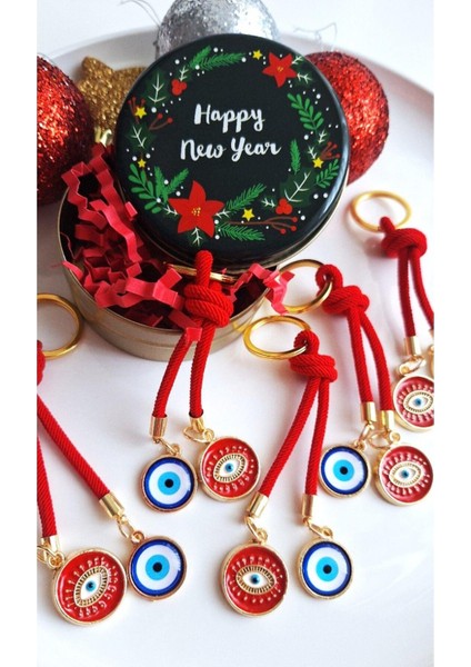 Yeni Yıl Hediyelik Metal Kutuda 5'li Nazar Boncuklu Kırmızı Anahtarlık - Boyu 10,5 cm fiyatları