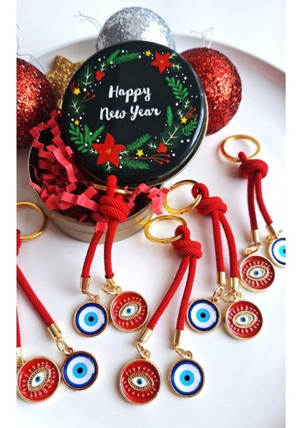 Yeni Yıl Hediyelik Metal Kutuda 5'li Nazar Boncuklu Kırmızı Anahtarlık - Boyu 10,5 cm modelleri