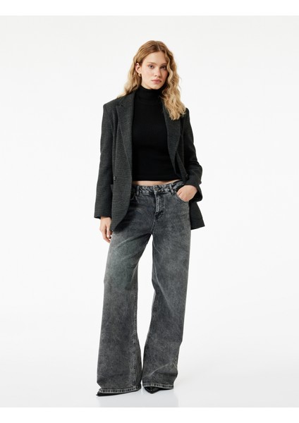 Pamuklu Bol Kalıp Düğmeli Cepli Yıkamalı Jean Pantolon - Loose Straight Fit Jean