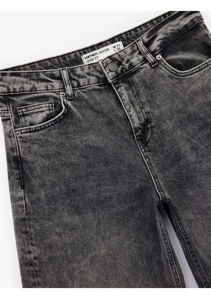 Pamuklu Bol Kalıp Düğmeli Cepli Yıkamalı Jean Pantolon - Loose Straight Fit Jean indirimleri