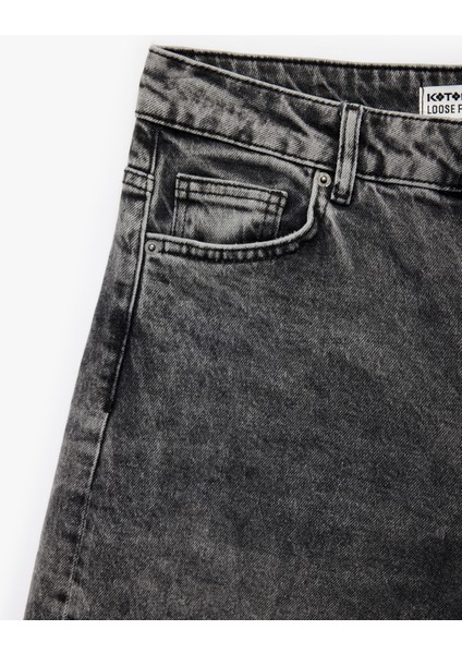 Pamuklu Bol Kalıp Düğmeli Cepli Yıkamalı Jean Pantolon - Loose Straight Fit Jean