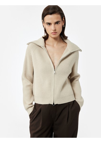 Regular Fit Dik Yaka Fermuarlı Uzun Kollu Triko Hırka