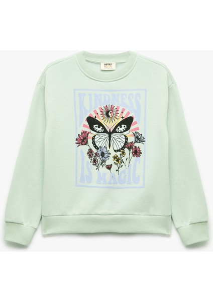 Uzun Kollu Bisiklet Yaka Pamuklu Kelebek Baskılı Sweatshirt